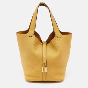 Hermes Jaune Ambre Taurillon Clemence Leather Picotin Lock 22 Bag
