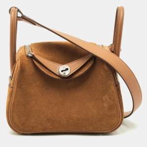 Hermes Gold Doblis Suede Palladium Finish Mini Lindy Bag