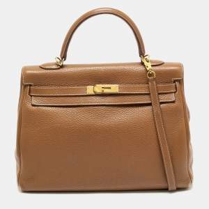 Hermes Gold Taurillon Clemence Leather Gold Finish Kelly Retourne 35 Bag