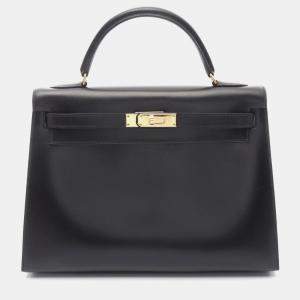 Hermes Kelly 32  Black Z Outside Stitched Box Calf Leather Bag 