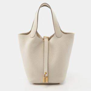 Hermes Picotin Lock White Cle K Clemence Leather  Handbag 