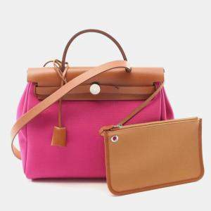 Pre Owned Hermes Herbag PM Brown Pink Canvas Shoulder Bag