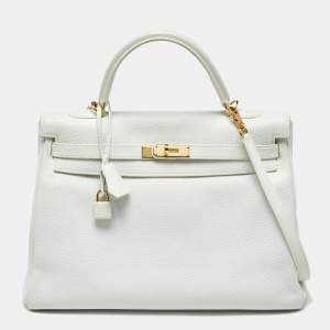 Pre Owned Hermes Blanc Togo Leather Gold Finish Kelly Retourne 35 Bag