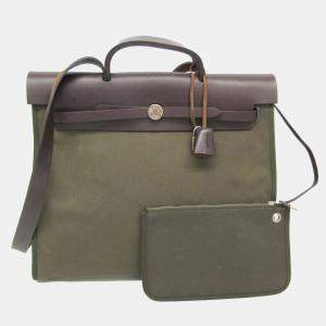 Hermes Her Bag Zip Dark Brown Khaki Toile Officier Leather Handbag MM