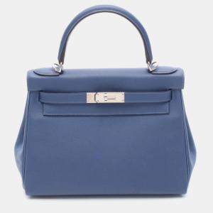 Hermes Kelly 28 Verso Blue Tempete Capucine Bag