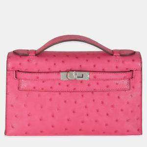 Hermes Rose Tyrien Ostrich Kelly Pochette PHW