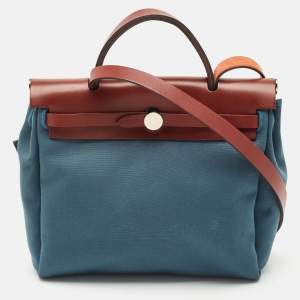 Hermes Blue Agate/Rouge H Canvas and Leather Herbag 28 Bag