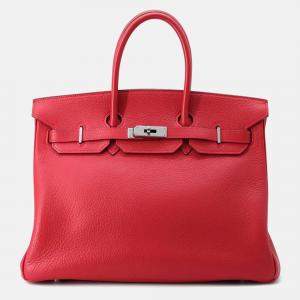 Pre Owned Hermes Birkin 35 Rouge Casaque Taurillon Clemence Tote Bag