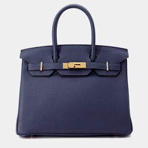 Pre Owned Hermes Birkin 30 Blue Navy Togo Leather Tote Bag
