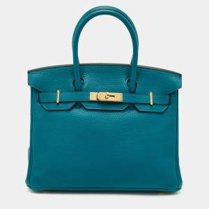 Pre Owned Hermes Blue Izmir Clemence Leather Gold Finish Birkin 30 Bag