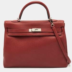 Pre Owned Hermès Rouge Grenat Clemence Leather Palladium Finish Kelly Retourne 35 Bag