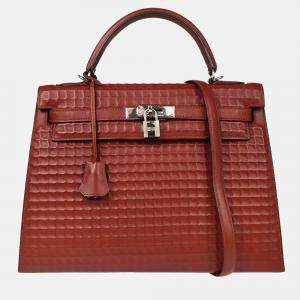 Pre Owned Hermes Kelly 32 Sellier  Rouge H Ever Deutch Waffle Handbag