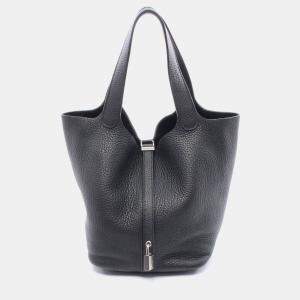 Hermes Picotin Lock MM Handbag U Clemence Leather Black Noir