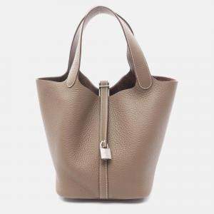 Pre Owned Hermes Picotin Lock 22 Handbag Clemence Leather Etoupe Grey
