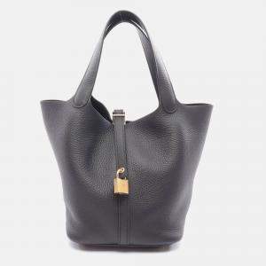 Pre Owned Hermes Picotin 22 Handbag K Clemence Leather Black Noir Ghw