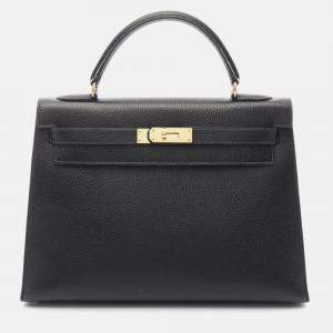 Pre Owned Hermes Kelly 32 Shoulder Handbag V Ardennes Leather Noir Black Sellier Ghw