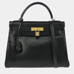 Pre Owned Hermes Kelly 32 Retourne Black Box Calf Handbag