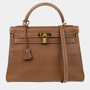 Pre Owned Hermes Kelly 32 Retourne Gold Veau Graine Leather Handbag
