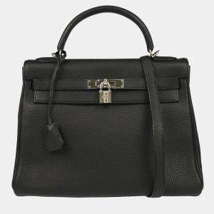 Pre Owned Hermes Kelly 32 Retourne Black Taurillon Clemence Leather Handbag