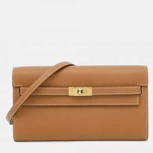 Pre Owned Hermes Kelly Wallet Long To Go Gold Evercolor