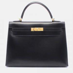 Pre Owned Hermès Kelly 32 Black Calf  Box Leather GHW Outside Stitch Handbag