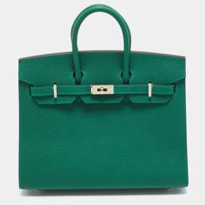 Pre Owned Hermes Vert Moyen Epsom Leather Electrum Finish Birkin 25 Bag