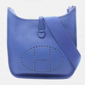 Pre Owned Hermes Evelyne Troyes Blue Royale Clemence Leather Shoulder Bag PM