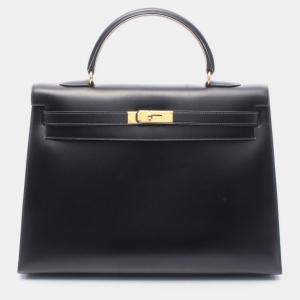 Pre Owned Hermes Kelly 35 Black Box Calf Leather Handbag