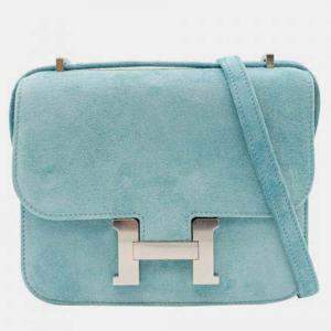 Pre Owned Hermes Doblis Constance 18 Bleu Atoll Suede Shoulder Bag PHW