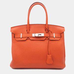 Pre Owned Hermes Birkin 30 Orange Clemence Leather Shoulder Bag