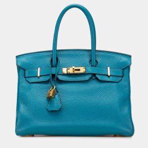 Pre Owned Hermes Birkin 30 Blue Clemence Leather Shoulder Bag