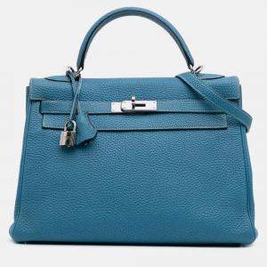 Pre Owned Hermes 32 Kelly II Blue Togo Leather Shoulder Bag