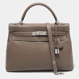 Pre Owned Hermes Etoupe Togo Leather Palladium Finish Kelly Retourne 32 Bag