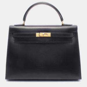 Pre Owned Hermes Kelly 32 Noir Box Calf Leather Handbag
