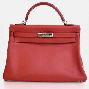Pre Owned Hermes Kelly 32 Red Swift Leather Top Handle Bag