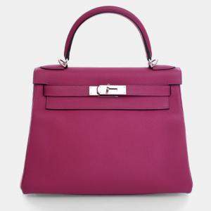 Pre Owned Hermes Kelly 28 Rose Pourpre Togo Leather Handbag