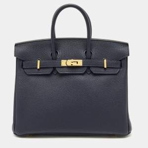 Pre Owned Hermes Bleu Nuit Togo Leather Gold Finish Birkin 25 Bag