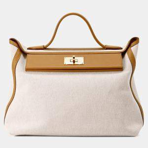 Pre Owned Hermes 24/24 Sac Van Quatre 35 Sesame Ecru Toile H Swift Leather Shoulder Bag