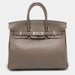 Pre Owned Hermes Etoupe Swift Leather Palladium Finish Birkin 25 Bag
