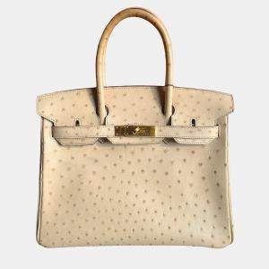 Pre Owned Hermes Birkin 30 White Wool Ostrich Leather Tote Bag