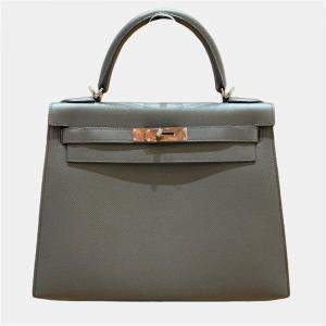 Pre Owned Hermes Kelly 28 Grey Leather Handbag
