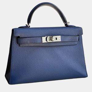 Pre Owned Hermes Kelly II Mini Agate Blue Leather Handbag