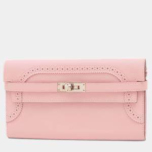 Pre Owned Hermes Kelly Wallet Gillies Long Rose Sakura Swift Leather