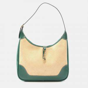 Pre Owned Hermes Trim Toile H Beige/Green Canvas Leather Shoulder Bag 31