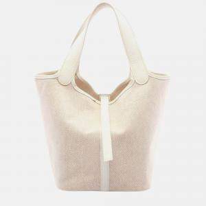Pre Owned Hermes Picotin White Ecru Clemence Leather Toile H Canvas Handbag PM