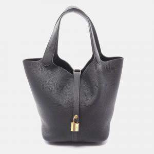 Pre Owned Hermes Picotin Lock Black Clemence Leather Tote MM 060991Cc