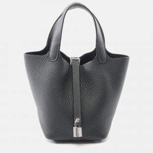 Pre Owned Hermes Picotin Lock Green Vert Fonce Clemence Leather Handbag PM