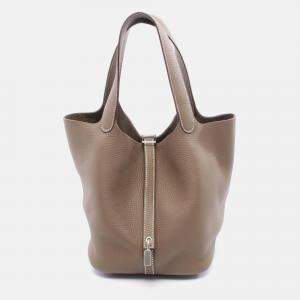 Pre Owned Hermes Picotin Lock Etoupe Grey Clemence Leather Tote PM