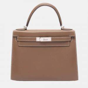 Pre Owned Hermes Kelly 28 Etoupe Grey Tadelakt Leather Handbag