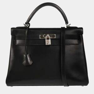 Pre Owned Hermes Kelly 32 Retourne Black Box Calf 2way Handbag